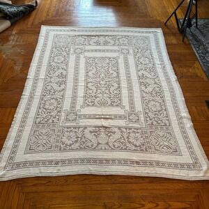 Vintage Renaissance Style Filet Lace Tablecloth Floral Urn Neutral 73x57